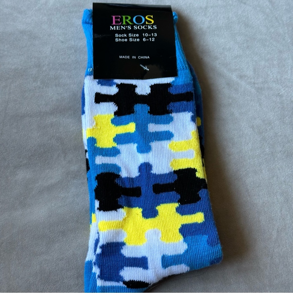 Men's Eros Crew Puzzle Pattern Socks - Blue, Yellow, Black New With Tag